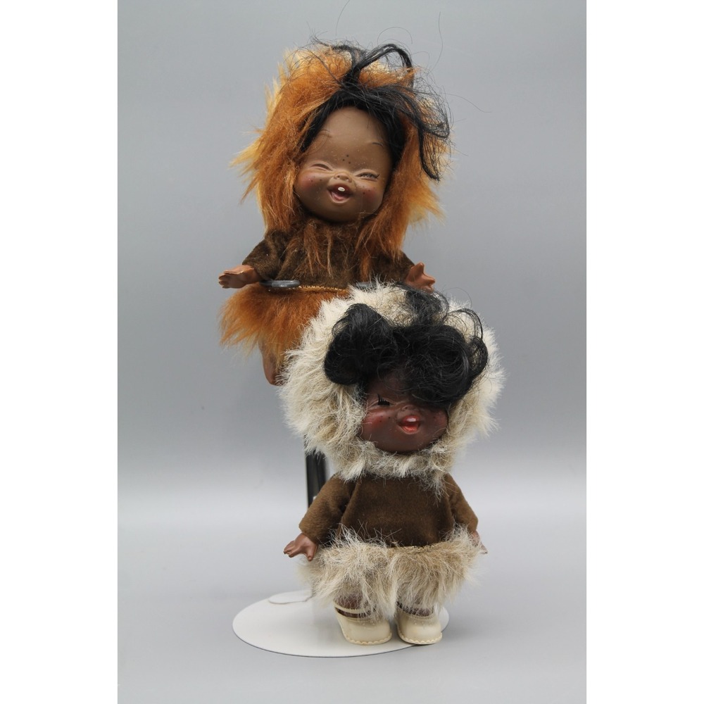 Vintage Evergreen Eskimo Dolls Pair Fur Trim Outfits Brown Vinyl 2 Doll Lot